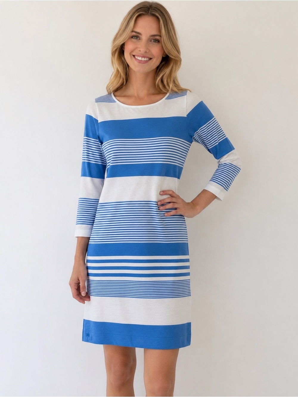 Tommy Bahama Shift Dress Womens Small Blue White Striped 3/4 Sleeve Cotton Knit